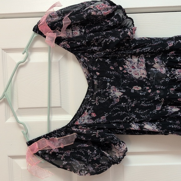 LoveShackFancy Silk Navy Midi Dress with Pink Floral Design - Picture 6 of 10